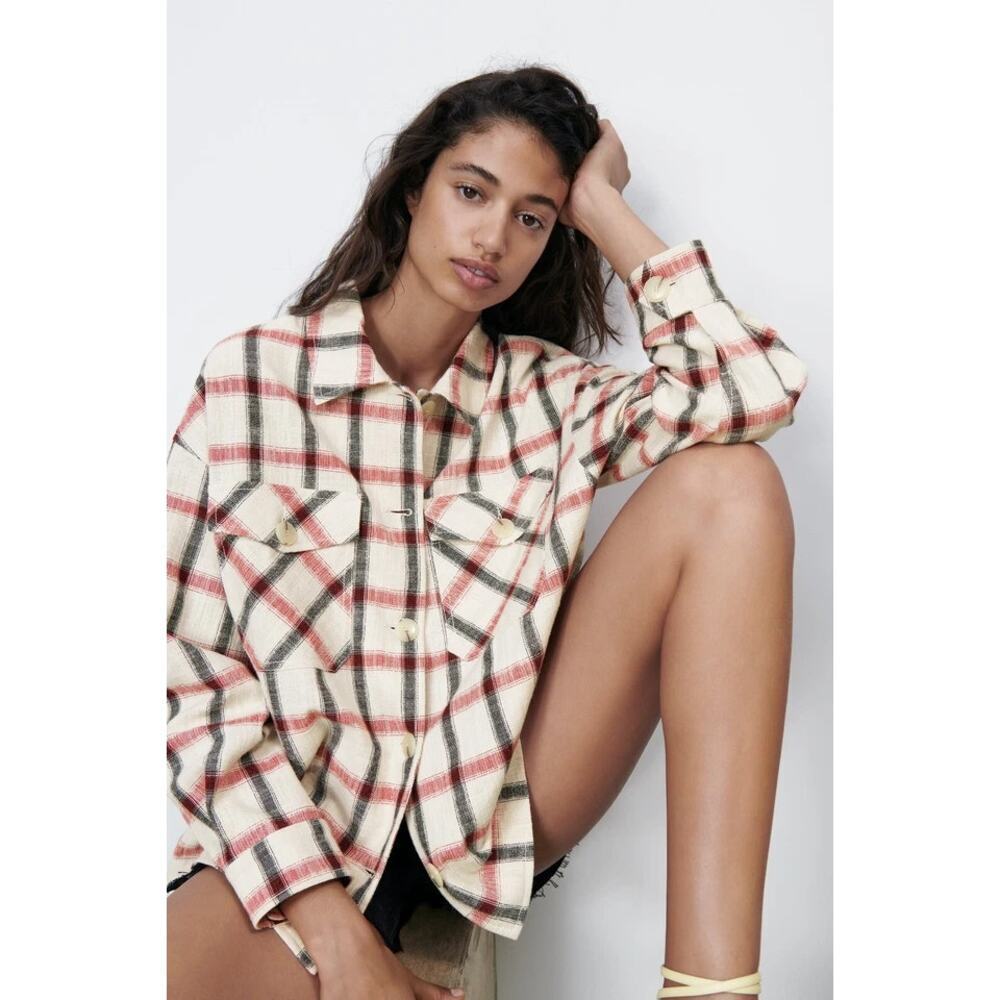 Zara Italian Fabric Plaid Long Sleeve Overshirt Shacket Cream Red Black Medium